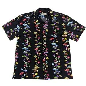 Good Vibes By Drill Clothing Co Mushroom Print Black Hawaiian Shirt Mens Large
